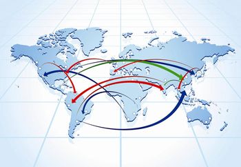 Mapa mundial com rotas de comércio global